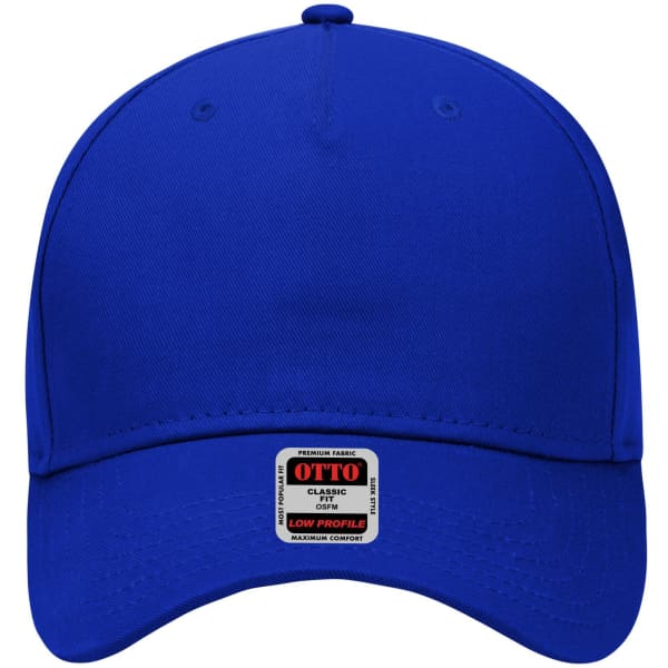 A blue 5-panel low profile baseball cap with a stitched visor and a logo tag at the front.