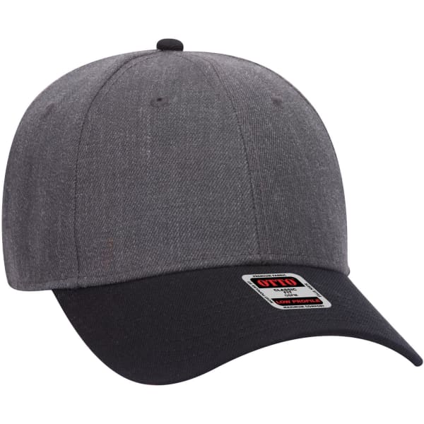 A grey 6 panel low profile baseball cap with a black peak and a logo on the side.