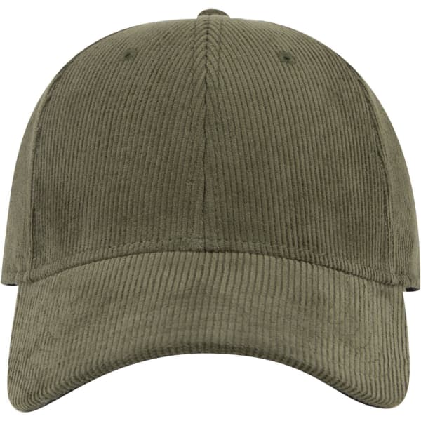 A low-profile, six-panel baseball cap in a muted olive green colour with a simple logo.