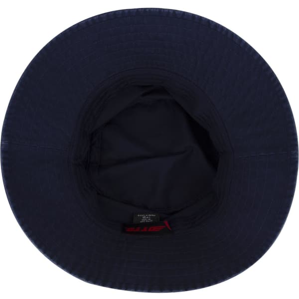 A navy blue bucket hat with a wide brim and an interior lining. It features a logo inside.