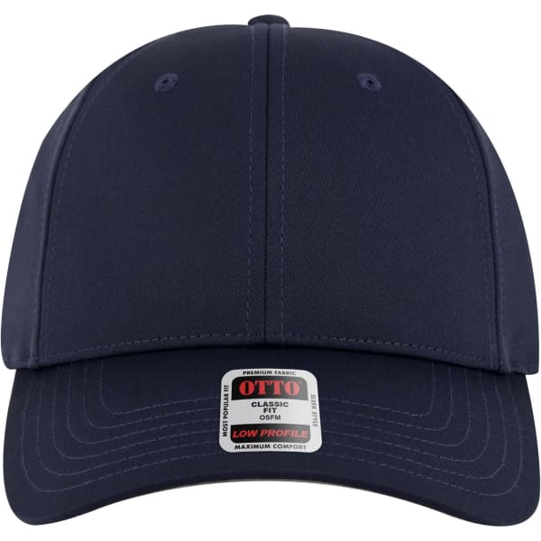 A navy blue 6 panel low profile baseball cap with a logo on the front.
