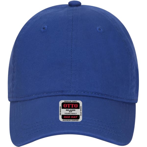 A blue 6-panel low profile dad cap featuring a logo label on the front.