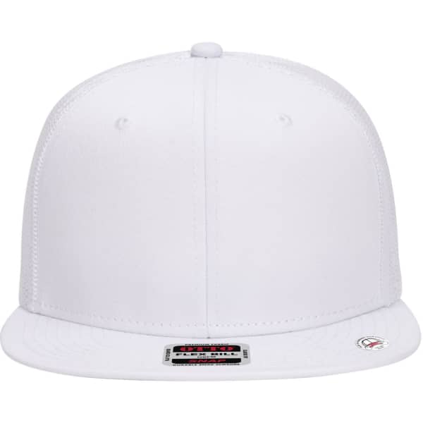 A white 6 panel mid profile trucker cap with a logo on the front. The cap features a flat brim design.