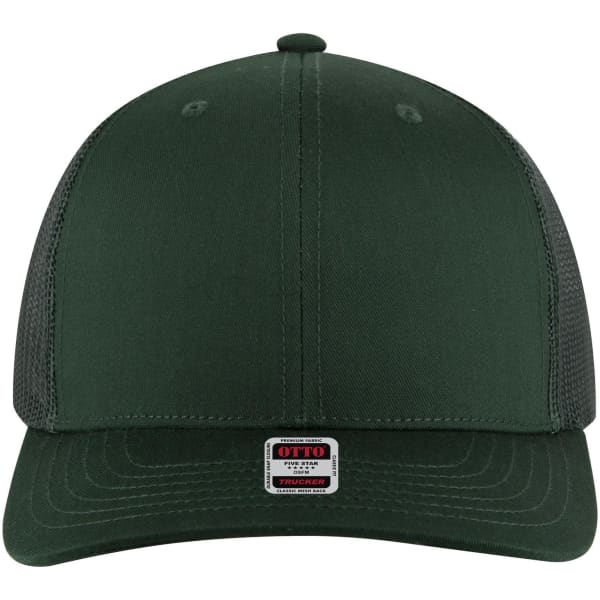 A green 6 panel mid profile trucker cap with mesh sides and a logo on the front.