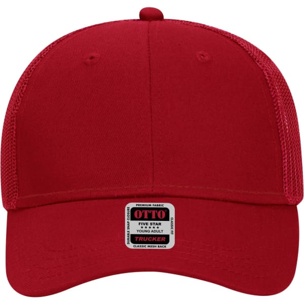 A red 6 panel low profile trucker cap with mesh sides and an embroidered logo on the front.