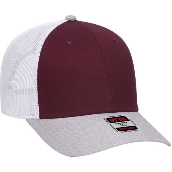 A maroon and white 6-panel low profile trucker cap with a grey brim and a logo on the front.