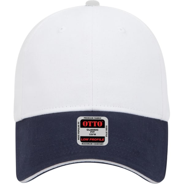 A white and navy six-panel low profile baseball cap with a logo on the front.