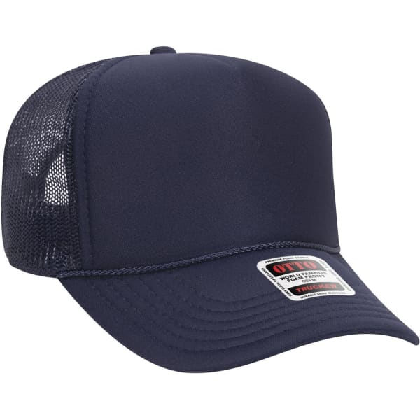 A navy blue 5 Panel Mid Profile Trucker Cap featuring a mesh back and a small logo.