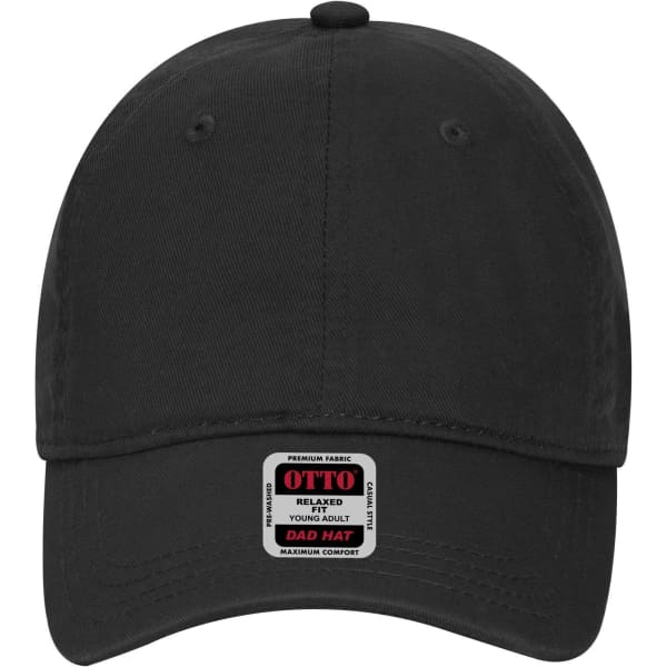 A black 6 panel low profile dad cap featuring a branded label on the front.