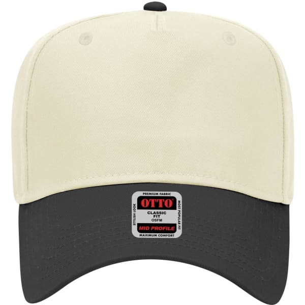 A 5-panel mid crown baseball cap in cream and black, featuring a logo on the front.