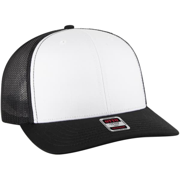 A 6 panel mid-profile trucker cap with a white front and black mesh back, featuring a logo on the side.
