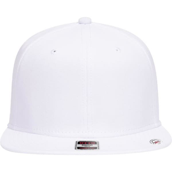 A white 6-panel mid-profile snapback cap featuring a flat brim and a logo on the front.