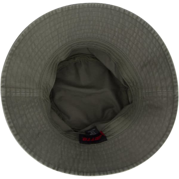 An olive green bucket hat with a textured surface and a logo inside. The interior features a soft lining.