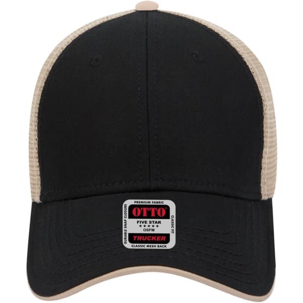 A black and beige 6 panel low profile trucker cap with a mesh back and a logo on the front.