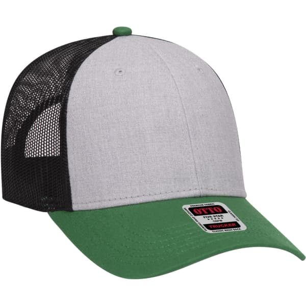 A grey and green low-profile trucker cap with a mesh black back and a branded patch on the front.