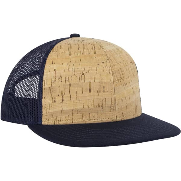 A 6-panel mid-profile trucker cap featuring a natural cork front and a navy mesh back. It has a logo.