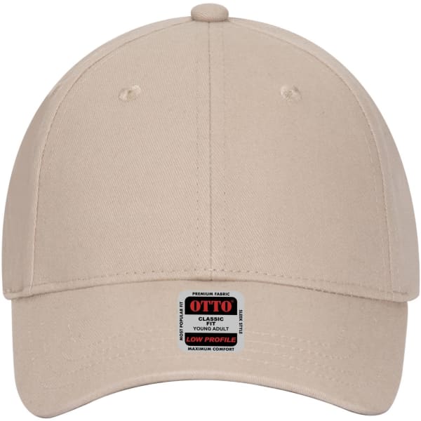 A beige 6 panel low profile baseball cap with a small logo label on the front. 