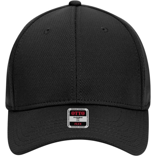 A black 6 panel low profile baseball cap with a branded label at the front.