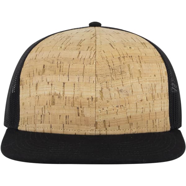 A mid-profile trucker cap featuring a cork front in natural tones and a black mesh back. It has a logo.