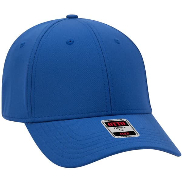 A blue UPF 50+ six-panel low-profile baseball cap featuring a flex design and a logo on the side.