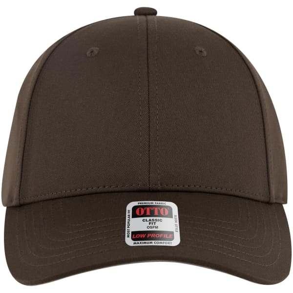 A low profile baseball cap in dark brown with a logo on the front. It features six panels and a curved brim.