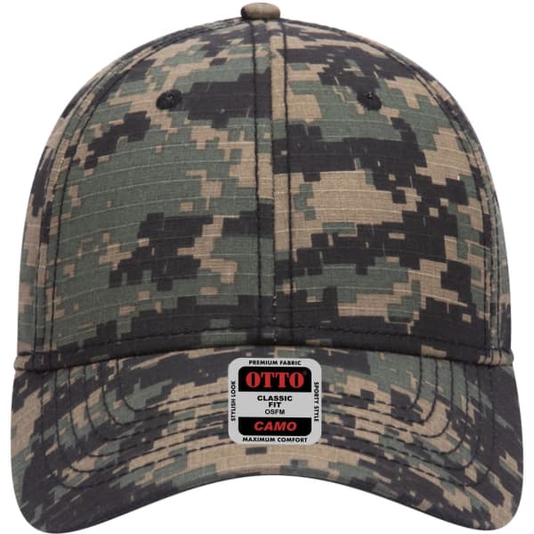 A digital camo 6 panel low profile baseball cap featuring shades of green, black, and brown, with a logo on the front.