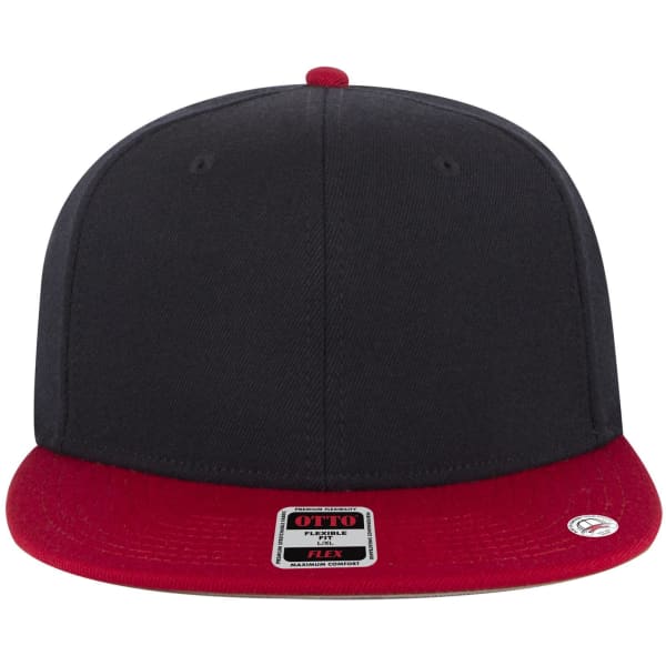 A six-panel mid-profile baseball cap in black with a red brim, featuring a logo on the front.