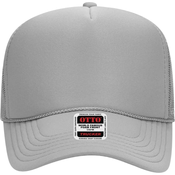 A grey 5 Panel Mid Profile Trucker Cap featuring a logo on the front and a structured design.