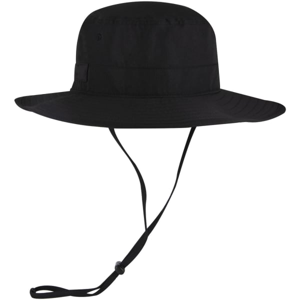 A black polyester pongee boonie hat with a wide brim and adjustable chin strap. It features a logo.