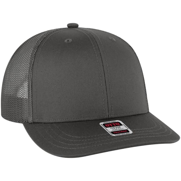 A grey 6-panel mid-profile trucker cap with a mesh back and a stitched visor. It features a logo on the side.