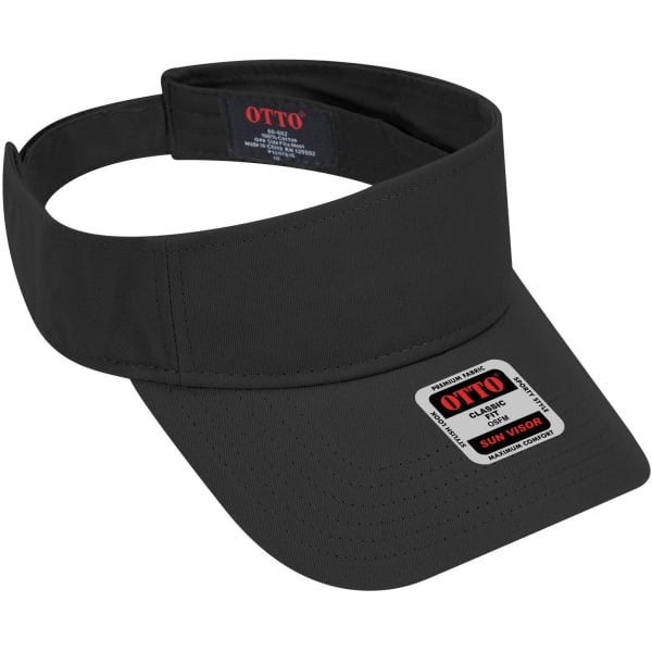 A black sun visor featuring a wide brim and an adjustable back strap. It has a logo on the front.