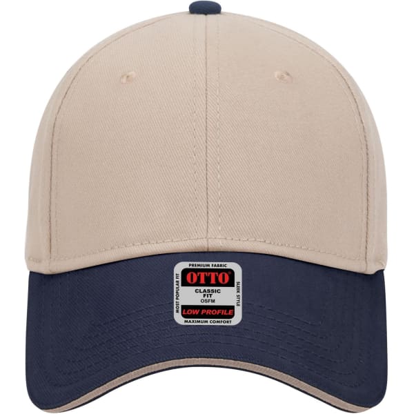A beige and navy 6-panel low profile baseball cap with a logo on the front.