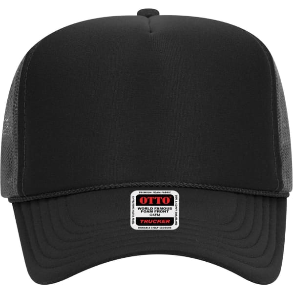 A five-panel high crown trucker cap in black with a mesh back and a logo on the front.