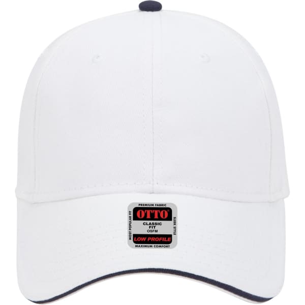 A white low profile baseball cap with a navy peak and a logo on the front.
