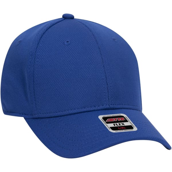 A blue 6-panel low profile baseball cap with a logo on the front.