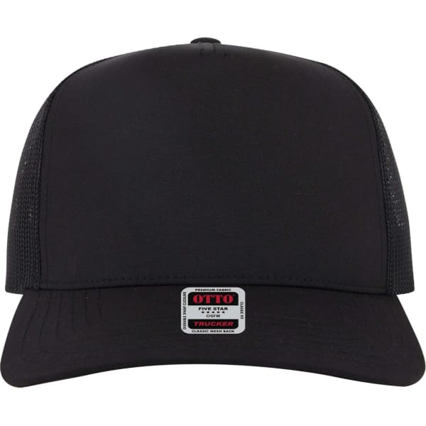 A black 5 panel mid profile trucker cap with a mesh back and a logo patch on the front.