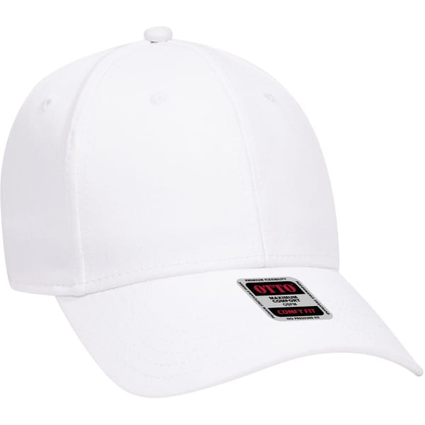 A white six-panel low-profile baseball cap with a branded tag.