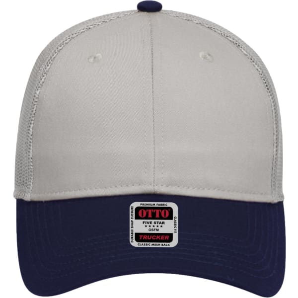 A low-profile trucker cap featuring a navy front and white mesh back, with a logo on the front.