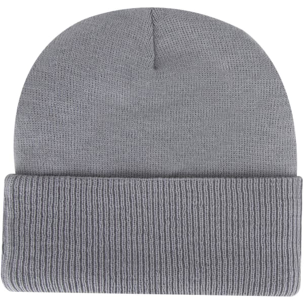 A grey knit beanie with a rolled cuff and a simple logo.