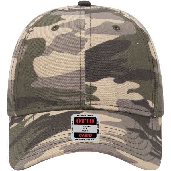 A camo baseball cap in shades of green and tan with a six-panel low profile design and a logo.