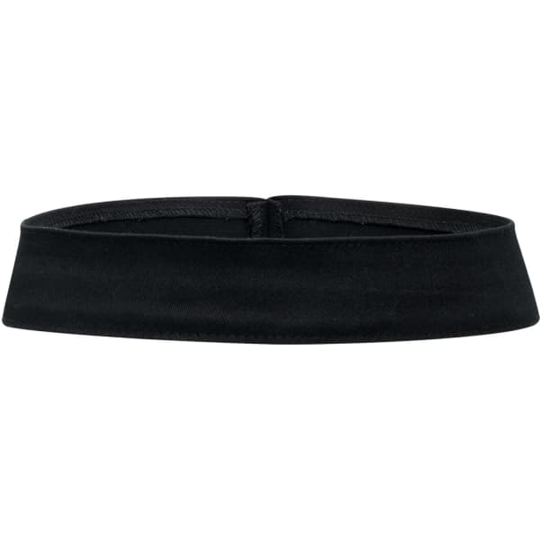 A black hat band with a smooth finish, featuring a logo.