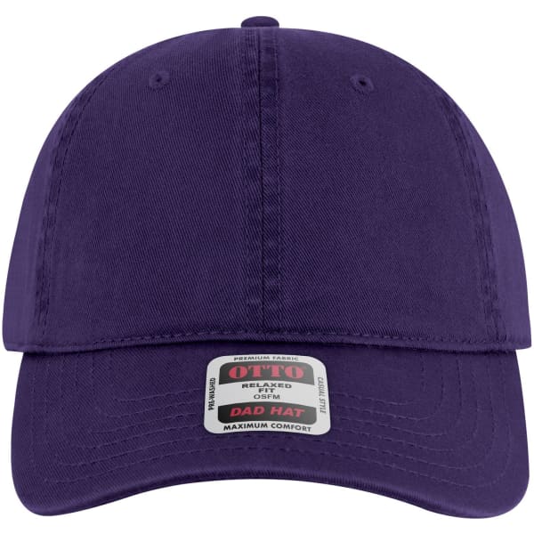 A purple six-panel low profile dad cap featuring a branded label on the front.