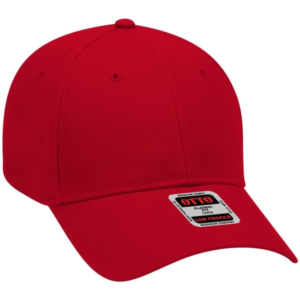 A red six-panel low profile baseball cap with a curved brim and a visible logo.