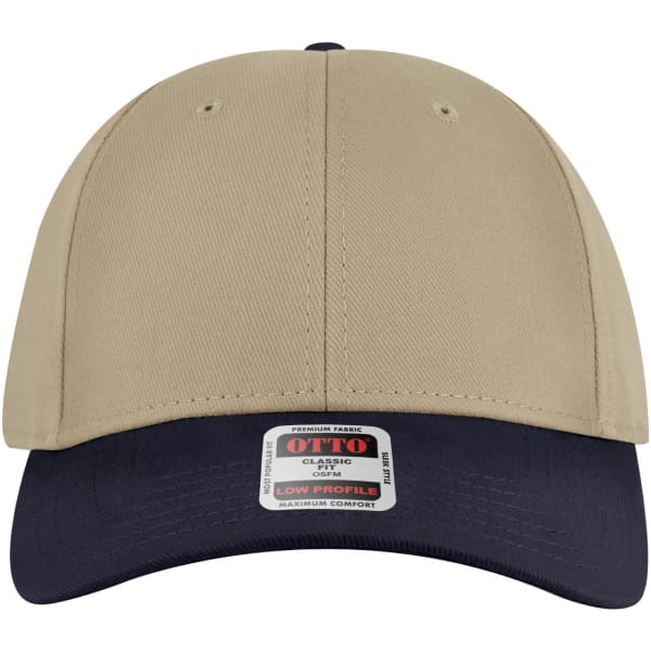 A beige baseball cap with a navy peak, featuring a logo on the front. It has a low profile design.