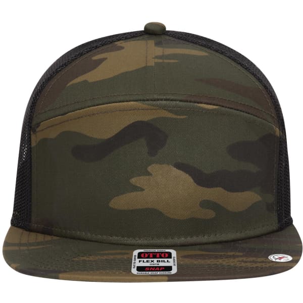 A camo 7 Panel Trucker Cap featuring a mesh back and a branded tag at the front.