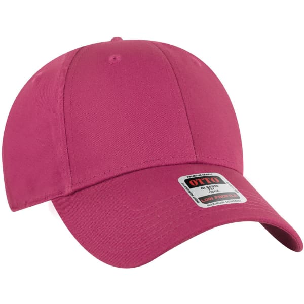 A pink 6-panel low profile baseball cap with a branded label on the front.
