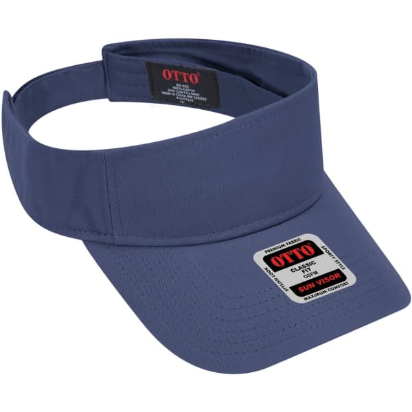 A navy sun visor with a wide brim and an adjustable strap, featuring a logo on the front.