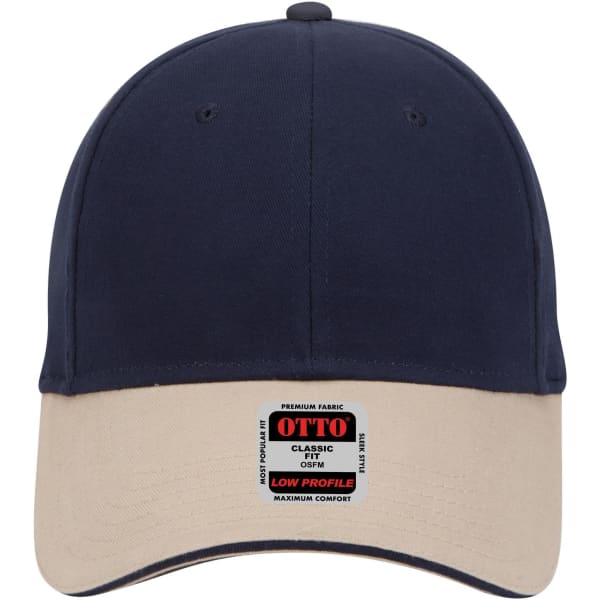 A low profile baseball cap featuring a navy blue crown and a beige brim, complete with a logo.