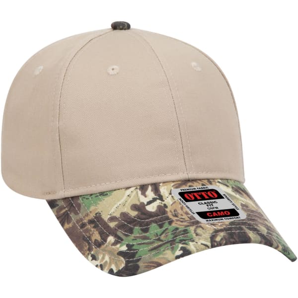 A beige baseball cap with a camouflage patterned brim and a logo label on the side.