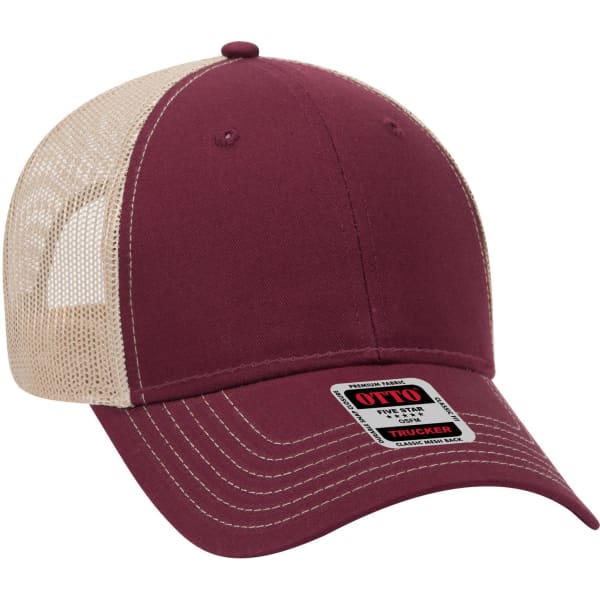 A burgundy and beige 6-panel low profile trucker cap featuring a mesh back and a logo on the front.
